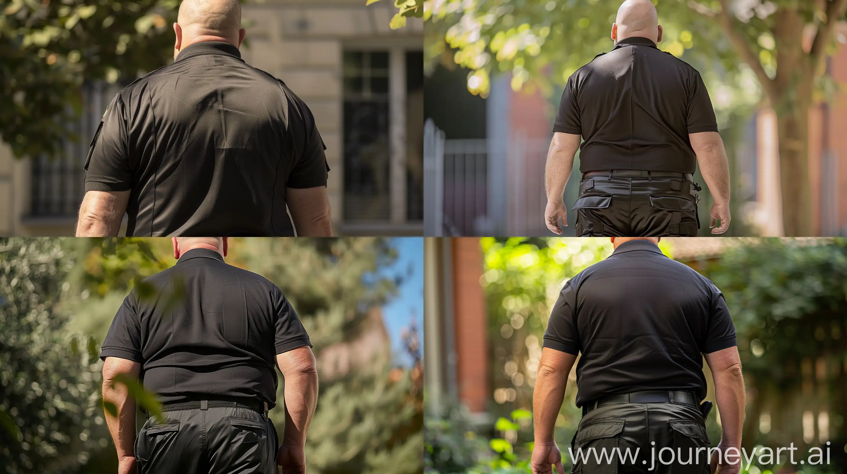 Back view close-up photo of a fat man aged 60 wearing a silk black security guard battle pants and a tucked in silk black polo shirt. Outside. Bald. Clean Shaven. Natural light. --style raw --ar 16:9