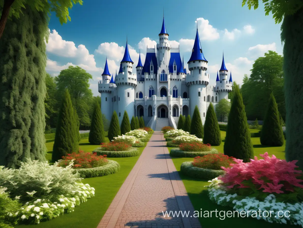 huge, majestic, very tall, royal, powerful, beautiful, white castle, one very tall tower, the castle stands on the ground, various trees and shrubs grow in the distance, beautiful flowers bloom luxuriantly, walking paths, summer