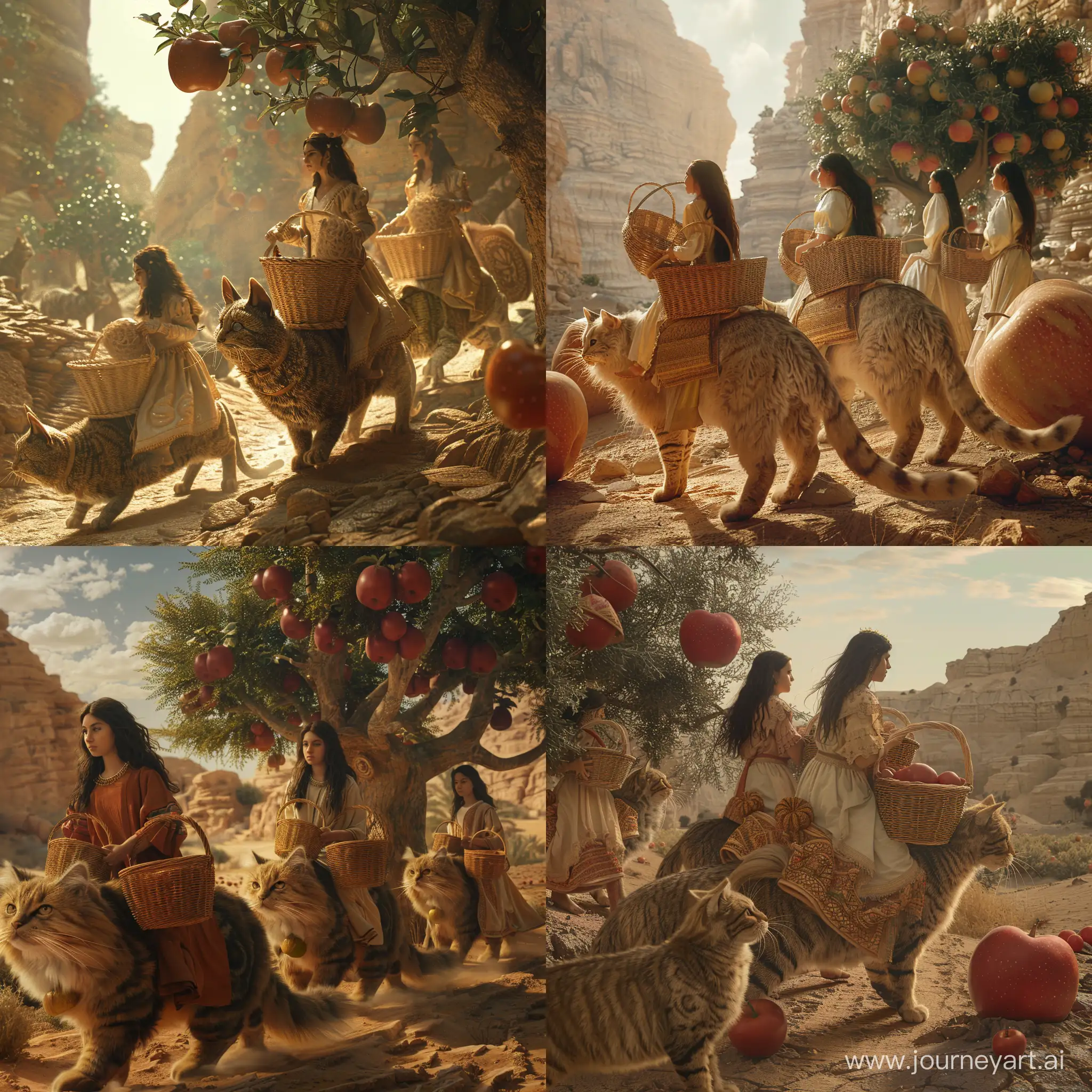 Young Persian women, riding giant Persian cats, holding wicker baskets, approach a giant apple tree with apples as large as watermelons. in a desert, in an ancient civilization, cinematic, epic realism,8K, highly detailed, long shot technique, backlit