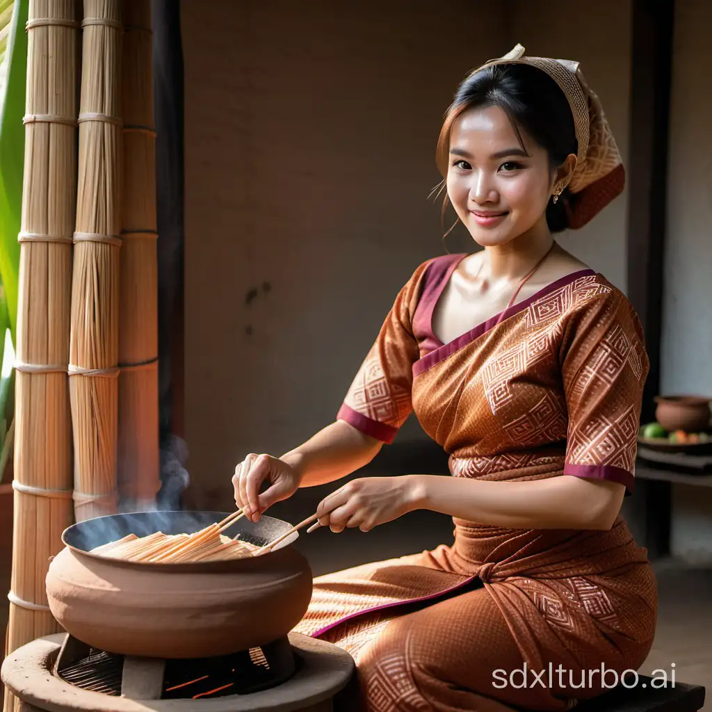 """
a realistic beautiful woman
Indonesia, cooking Ketupat on an ancient wood-fired stove with a clay base. On the stove sits a large clay pot containing Ketupat,
She sits dressed in a kebaya, with batik clothing underneath. In the background is a wall made of woven bamboo.
"""
