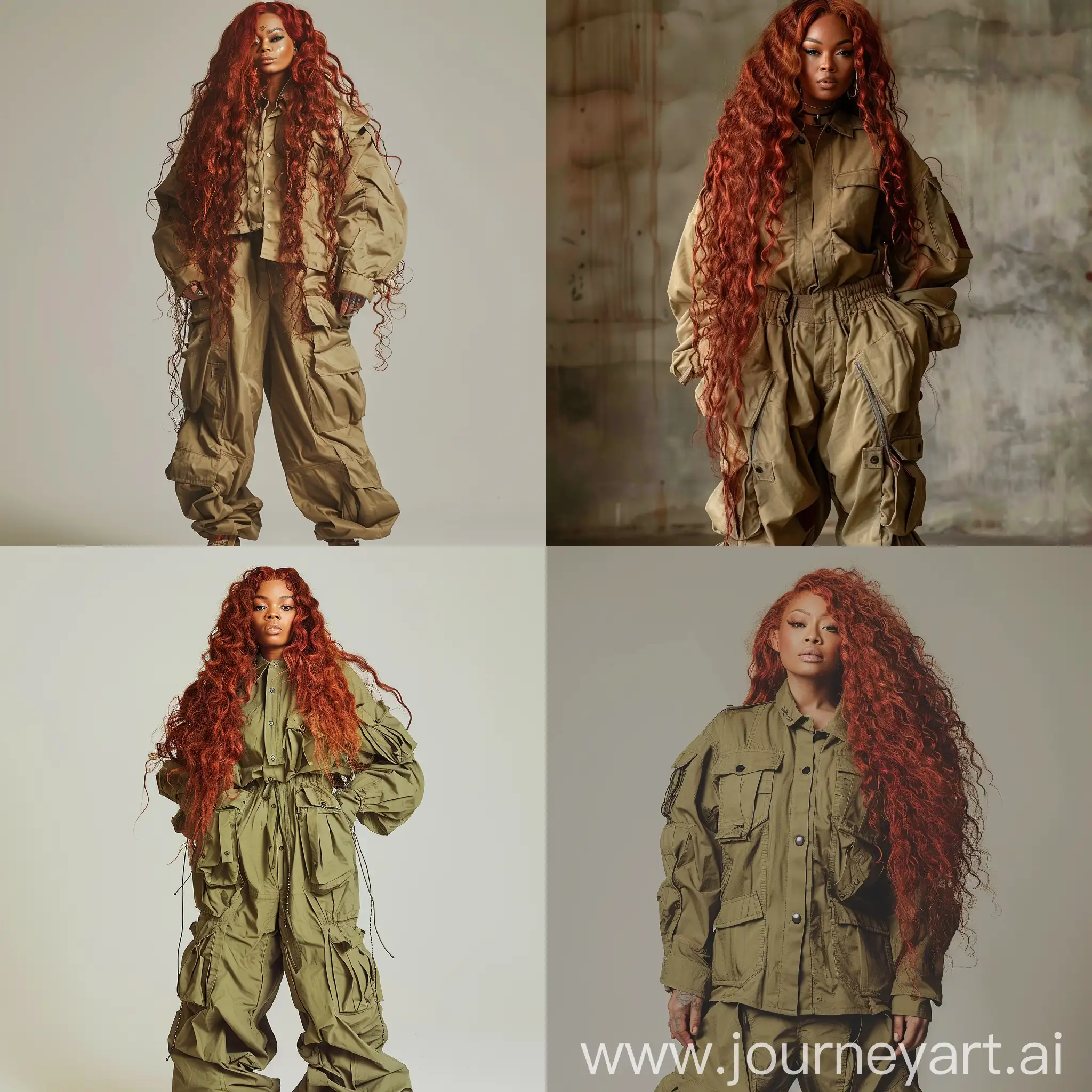 light skin black woman in a baggy masculine outift with long curly red hair