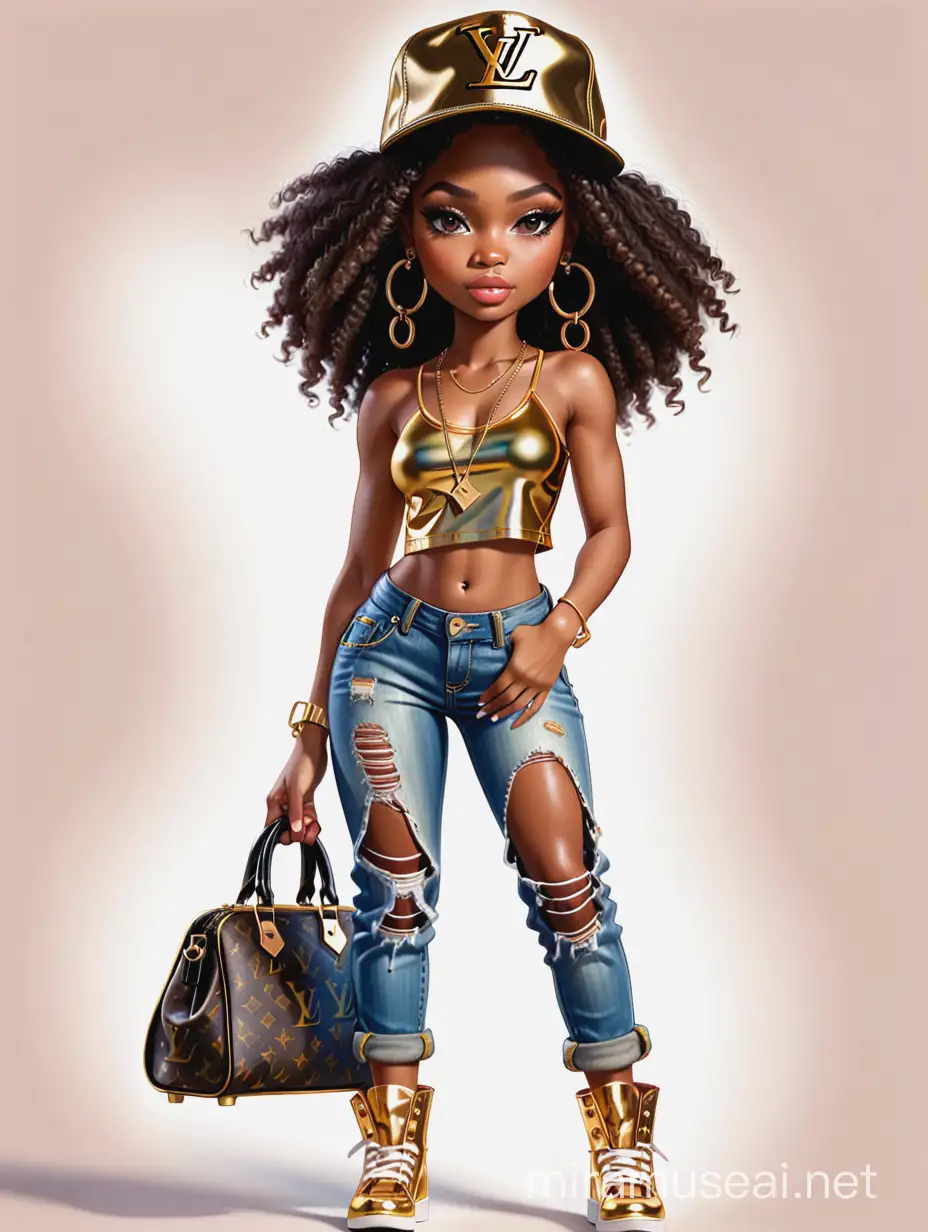 ultra realistic psychedelic hip hop illustration of a beautiful realistic Bratz African American Lady, wearing distressed jeans, crop top gold hoops and LV DRESS with LV PURSE AND HAT
