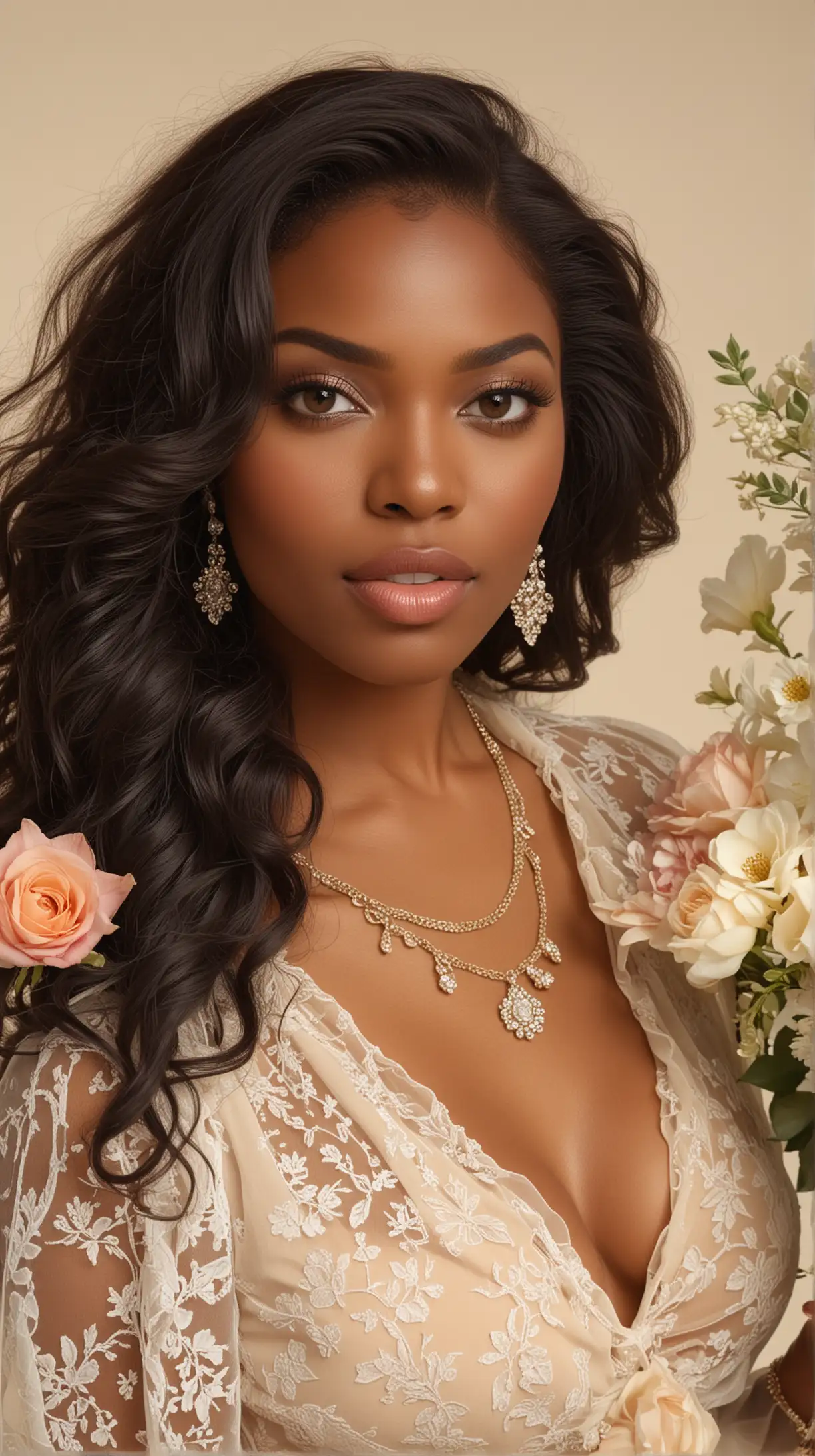photoshoot with beige background of beautiful black woman, dressed nicely with sheer blouse, nice jewelry, beautiful big nude lips, makeup, long wavy hair, with captivating eyes and a passionate expression, holding a big bouquet of flowers to her chest, ultra-realistic --ar 3:2 --style raw --v 6, 0