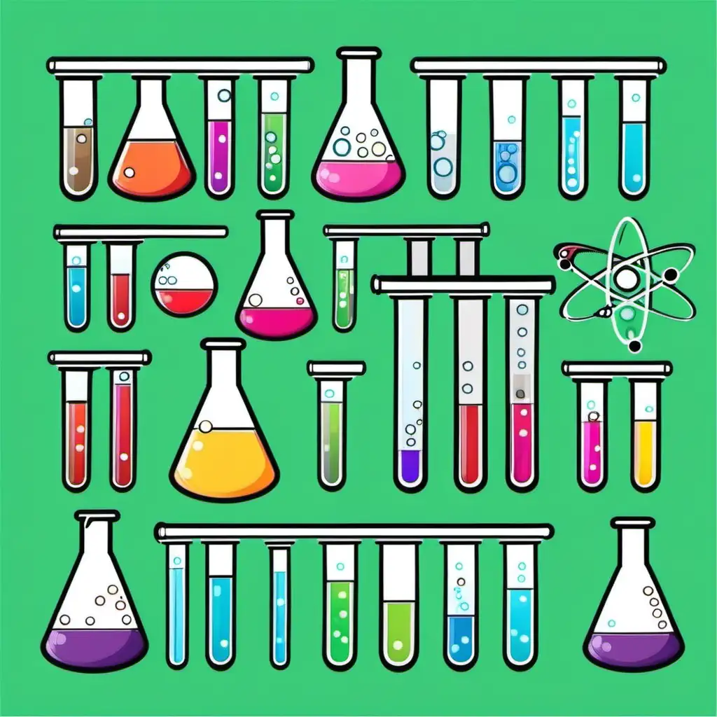 Beakers and test tubes with science themed background, clip art style