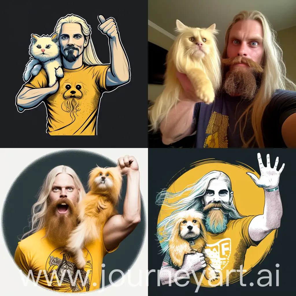 Friendly-White-Man-with-Long-Yellow-Hair-Holding-Cat-and-Waving