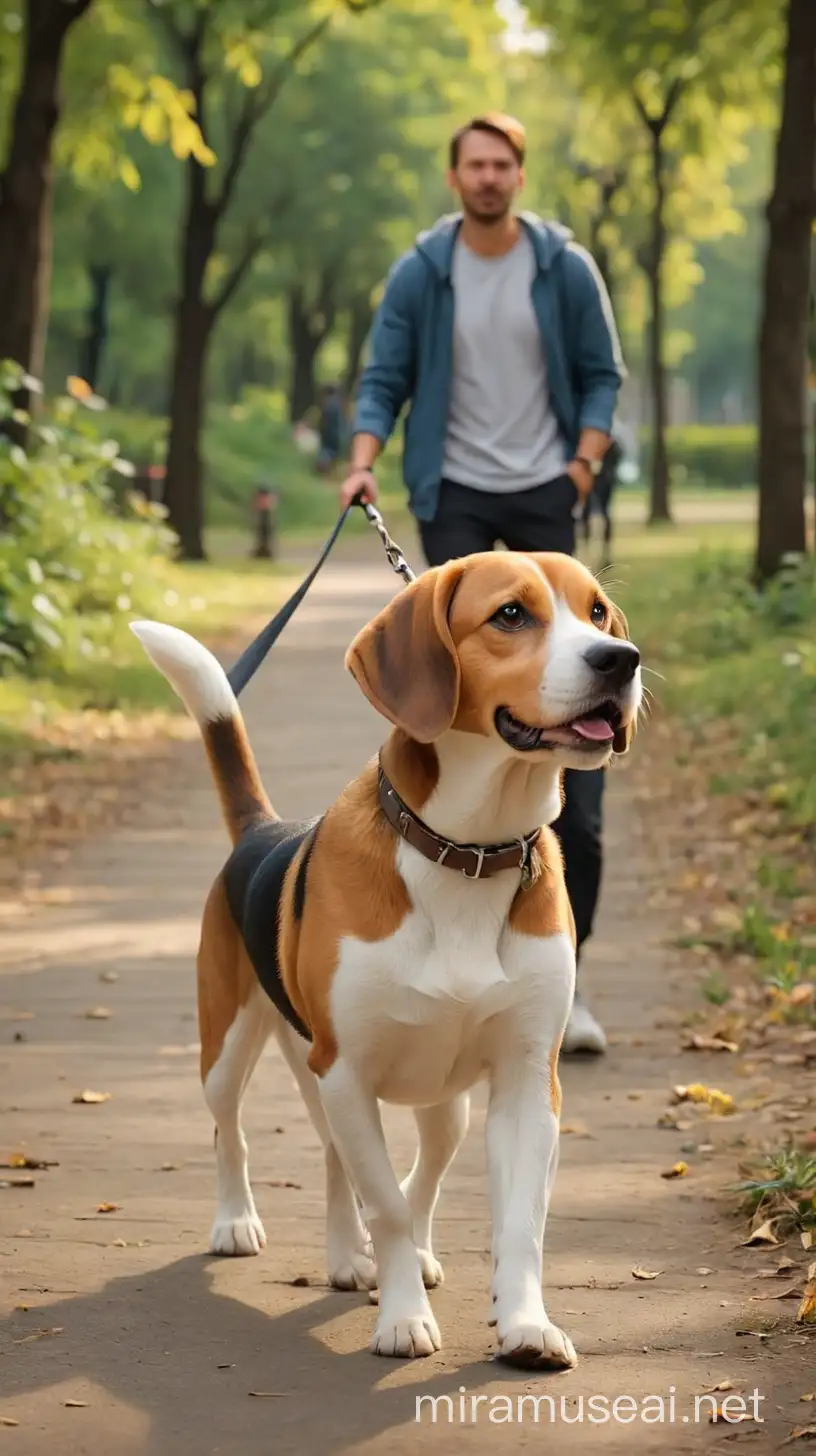 Beagle breed dog is walked by his owner in the park, the dog is happy