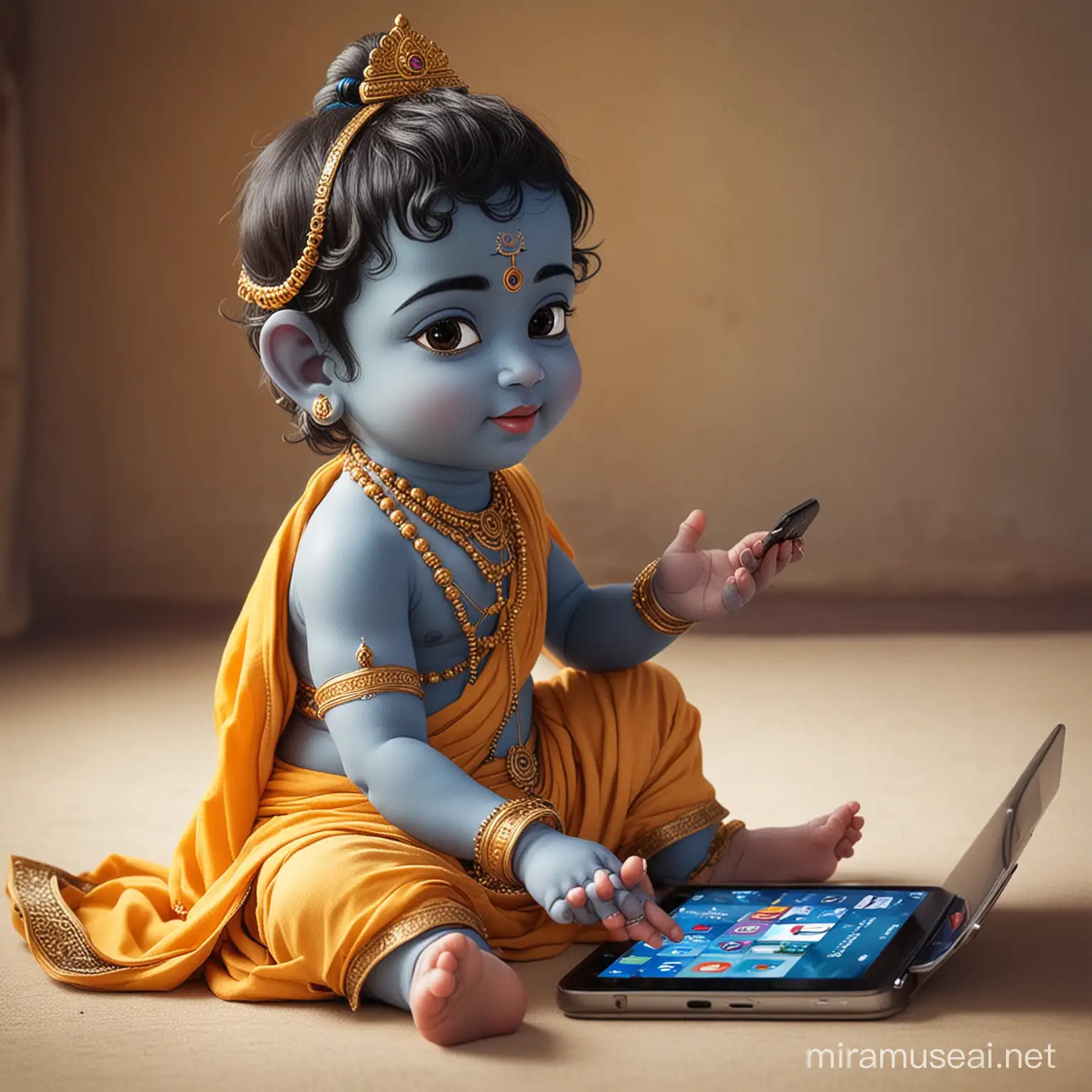 Playful Little Krishna Engaging with Social Media Apps