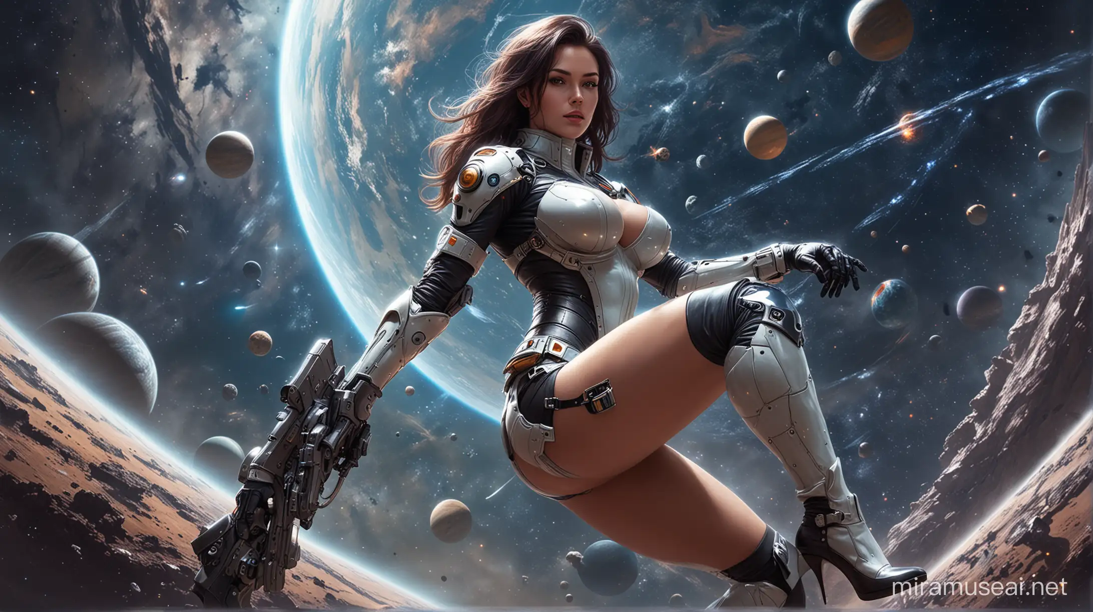 Curvaceous Space Cowgirl in Armored Suit amidst Galactic Wonders