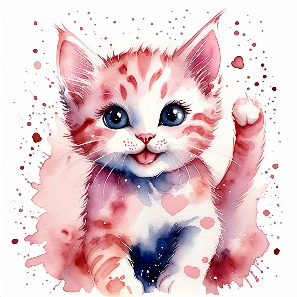 Adorable Blush Pink Kitten Watercolor Painting Joyful and Enchanting Feline Artwork
