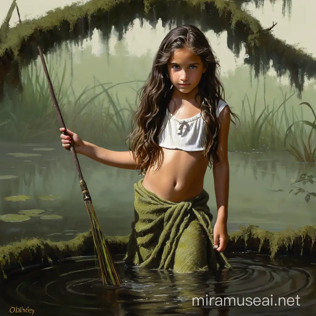 Joyful 10YearOld Girl Splashing in Dark Swamp