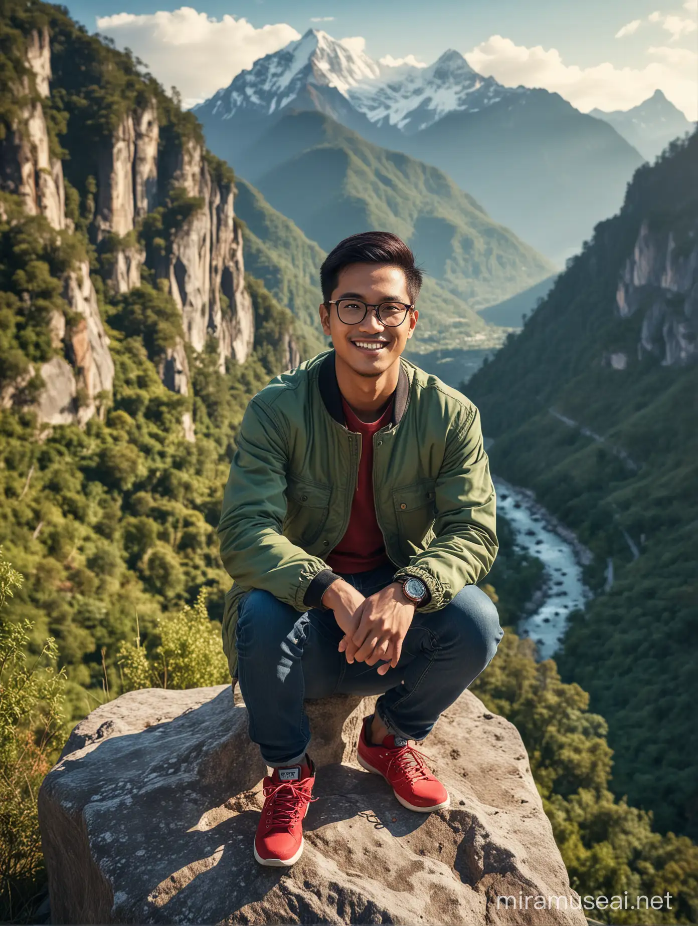 Hasilkan photo ultra HD full seluruh badan, Seorang pria tampan Indonesia berkacamata, memakai jaket hijau list hitam, celana jins biru dan sepatu sport merah. Pria tersebut sedang duduk di atas batu, melihat pemandangan di bawahnya sambil tersenyum kecil ke kamera. Latar belakang gunung yang tinggi dan pemandangan yang indah dibawahnya, efek cahaya sejuk sedikit panas. Gambar sangat akurat dan wajah sangat asli, jelas.