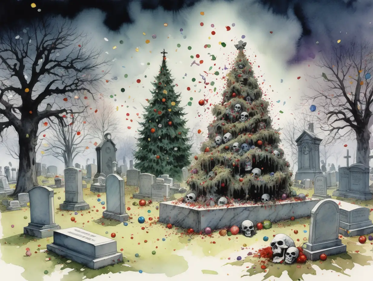 Cementerio, zombis felices lanzando espumillón,arbol de navidad con bolas calaveras,estilo Berni Wrightson,acuarela