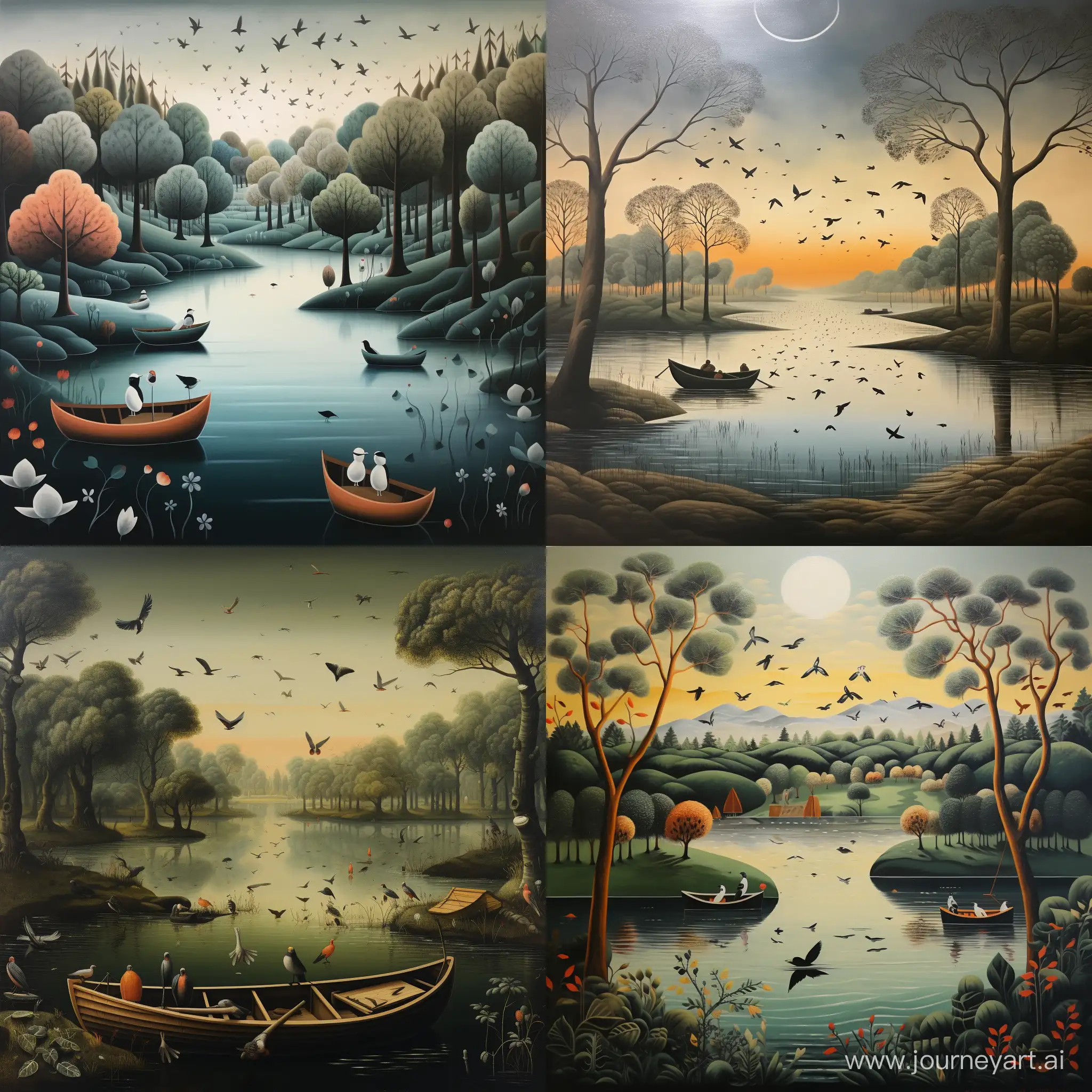 Water lake with boats and birds