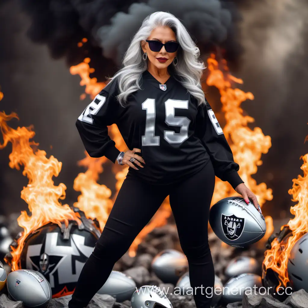 beautiful woman,silver hair, las vegas raiders jersey, surrounded by flames, NFL ball, sunglasses, high-heeled shoes, in full growth
