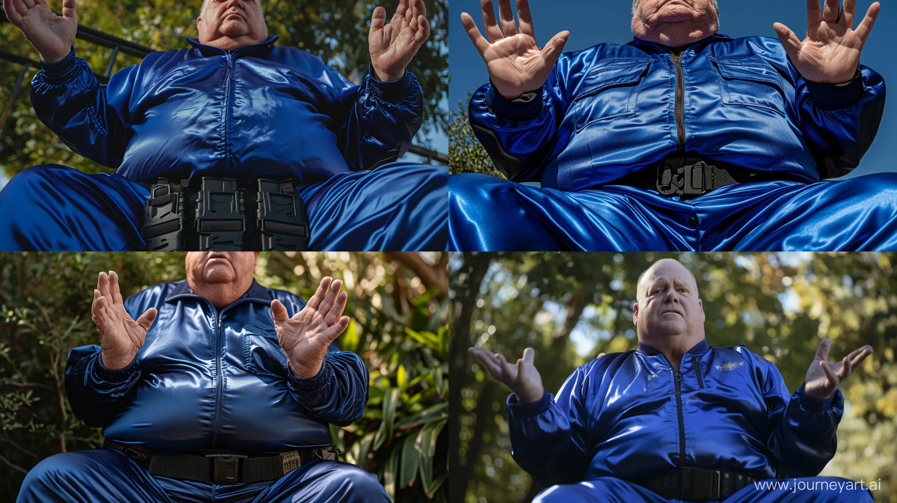 Front view portrait photo centered on the lap of a chubby man aged 70 wearing a royal blue silky tracksuit. He is sitting with his hands up. Black tactical belt. Outside. --style raw --ar 16:9 --v 6
