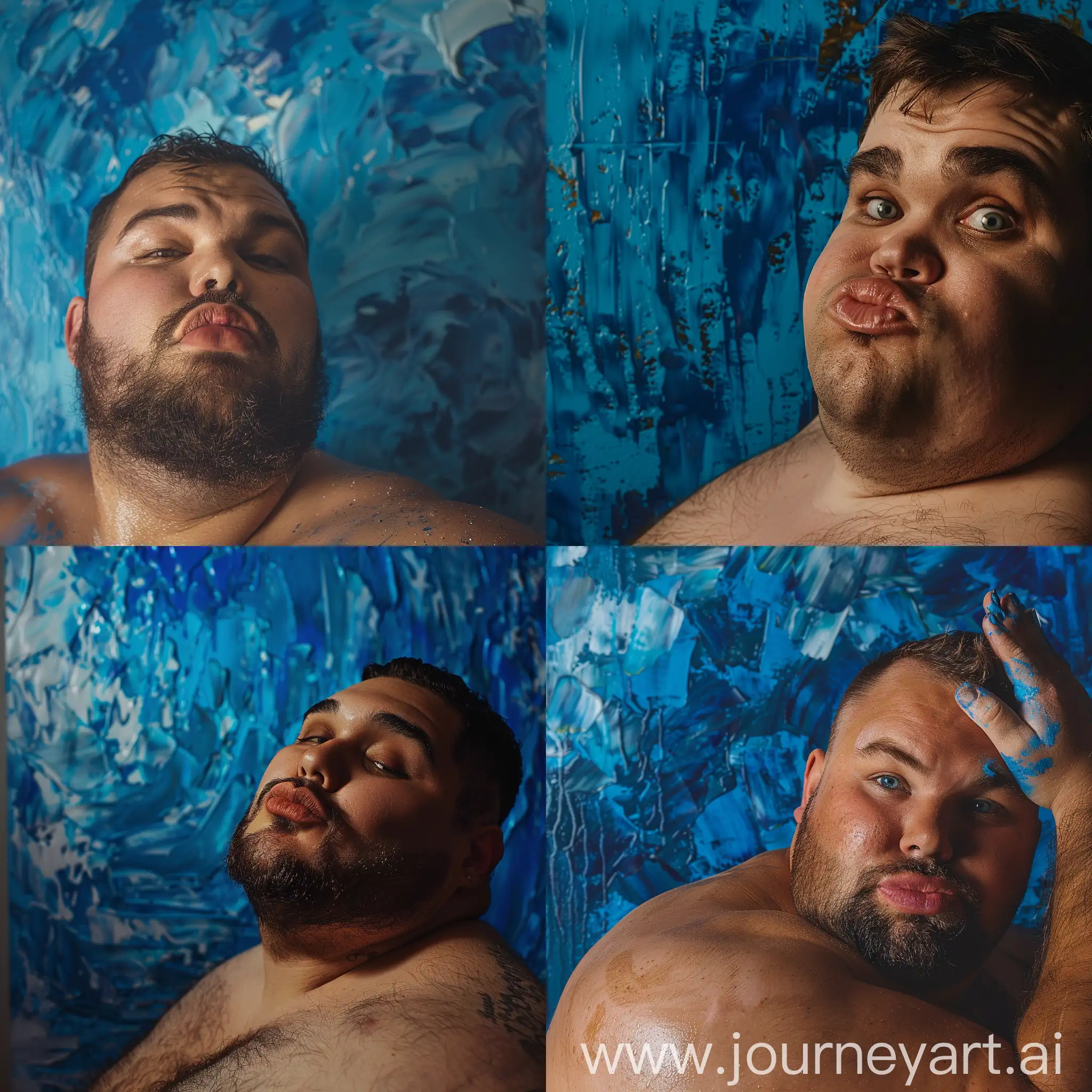 Closeup portrait photo of a gorgeous fat man with cupid's bow lips, posing in front of a blue painting