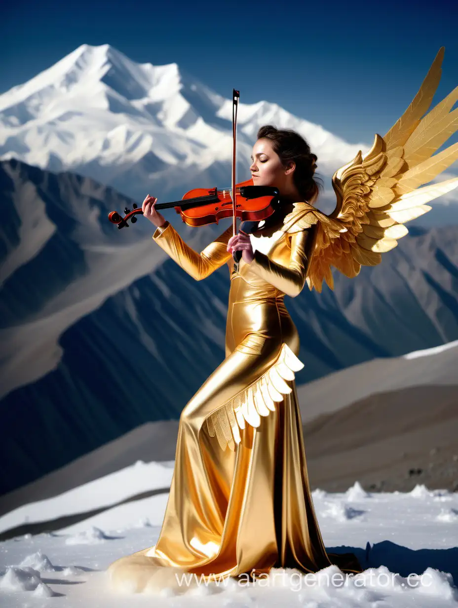 Красивая Скрипачка играет в золотом костюме с крыльями на вершине горы эльбрус