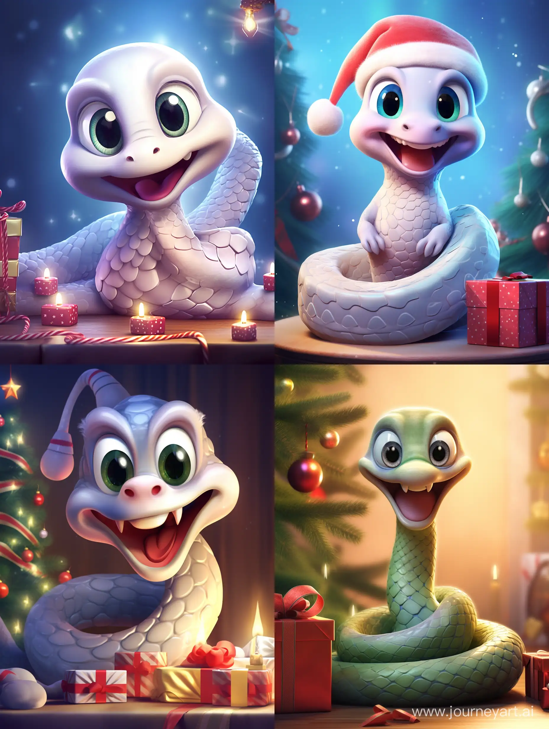 Cute and kind snake in Pixar style. In a Santa Claus hat/ With gifts and  a Christmas tree. The picture is in pastel and light colors