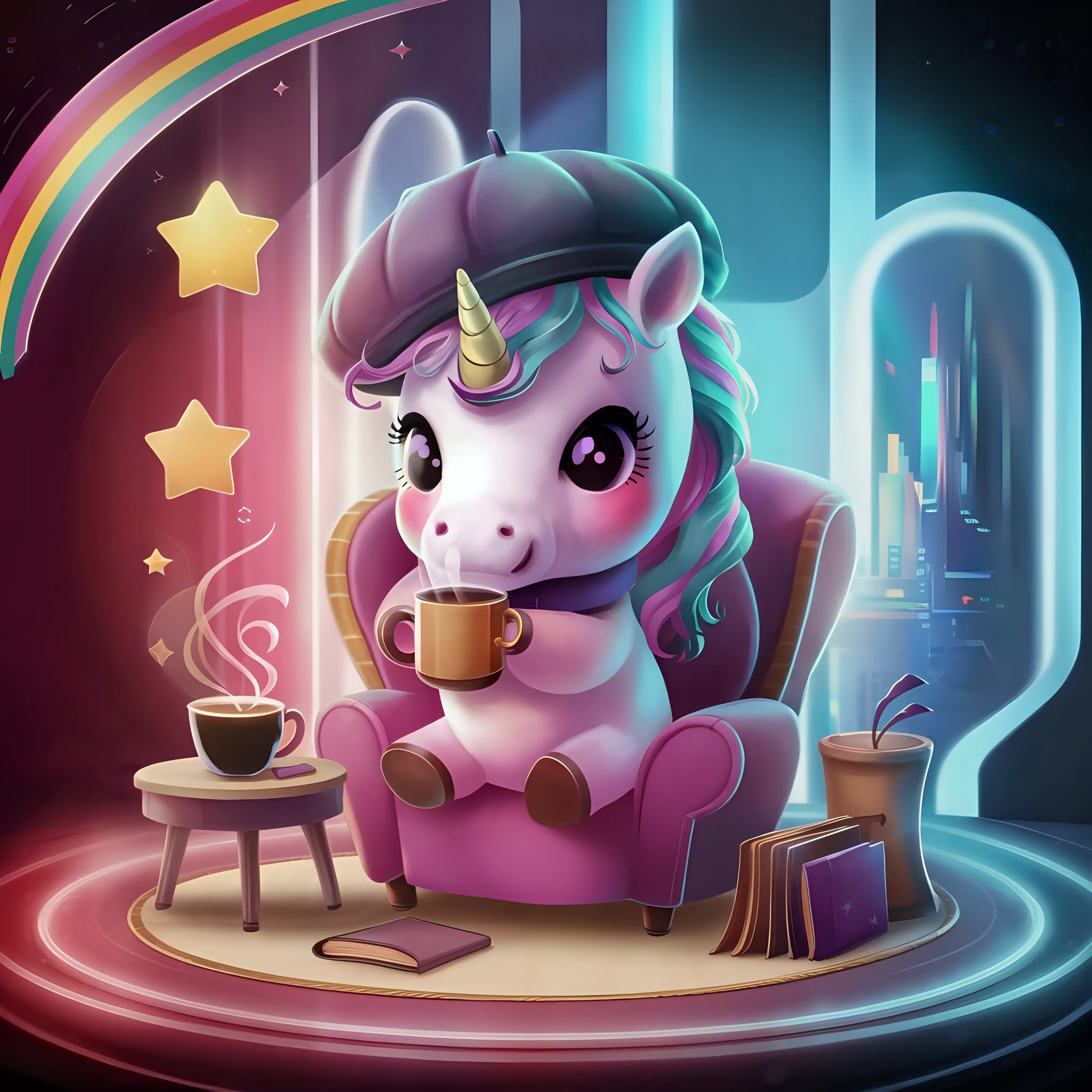 Cute Cartoon Unicorn Enjoying Coffee Time