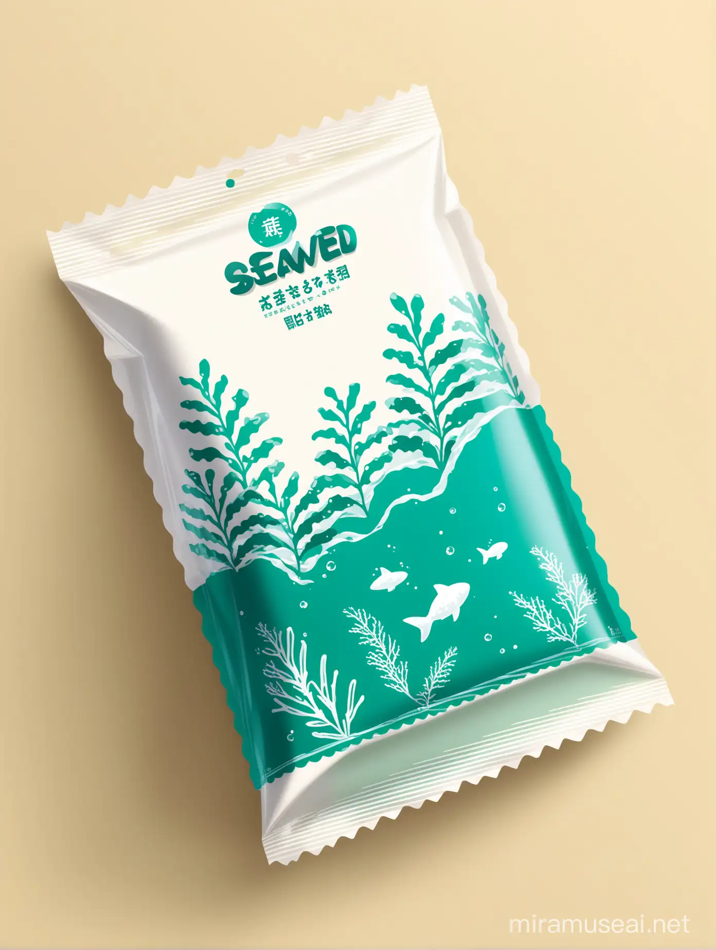 食品类PE膜外包装设计，蓝色绿色白色撞色，有少量海藻类植物的图案，简约 可爱