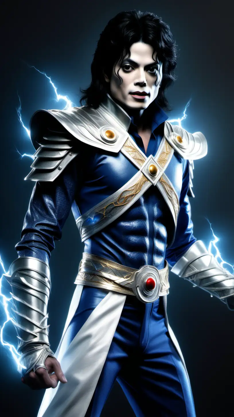 Michael Jackson as Raiden from Mortal Combat as God of Thunder, hyperrealistic, photorealistic, as a real person