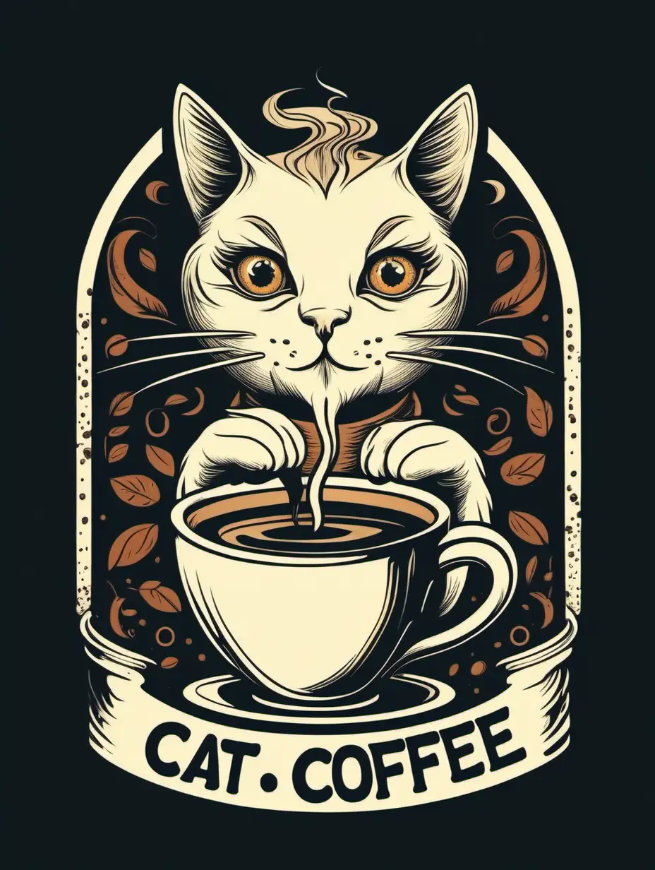 Retro Style Cat Brewing Coffee Detailed Illustrated Design in Vibrant Colors with Logotype