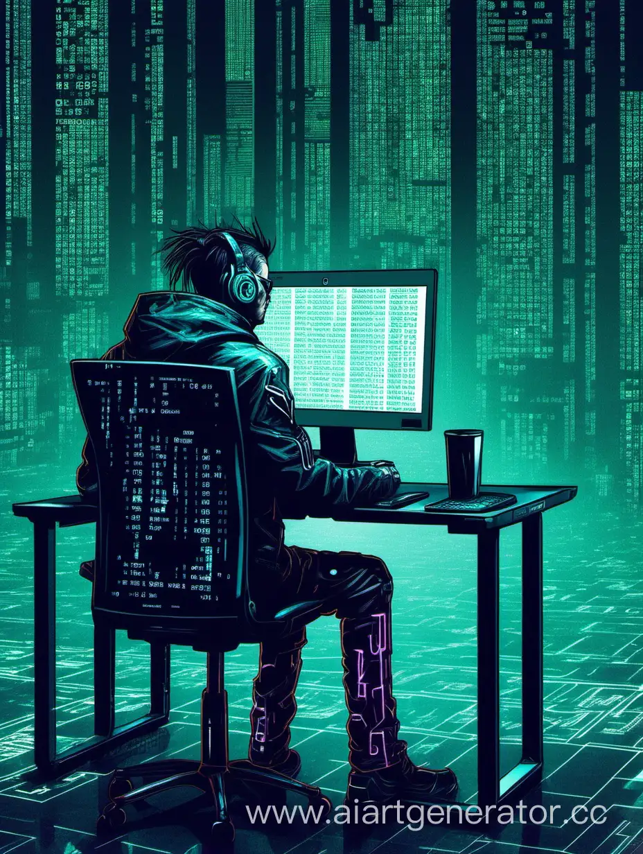 мужчина сидит за компьютером, на котором написан код в стиле киберпанк