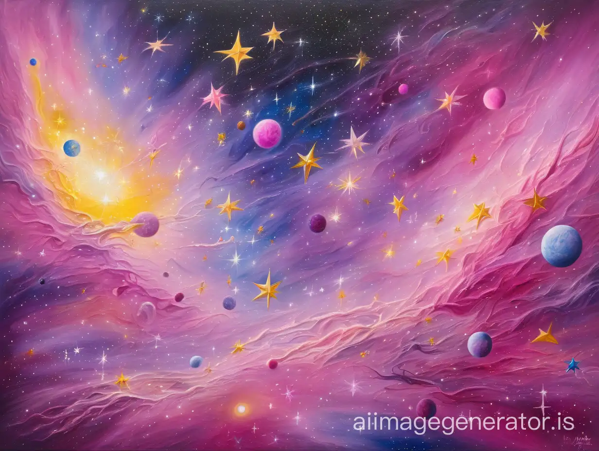 surreal painting of stars in outer space in the style of Pink Floyde with bright purples, pinks, and yellows
