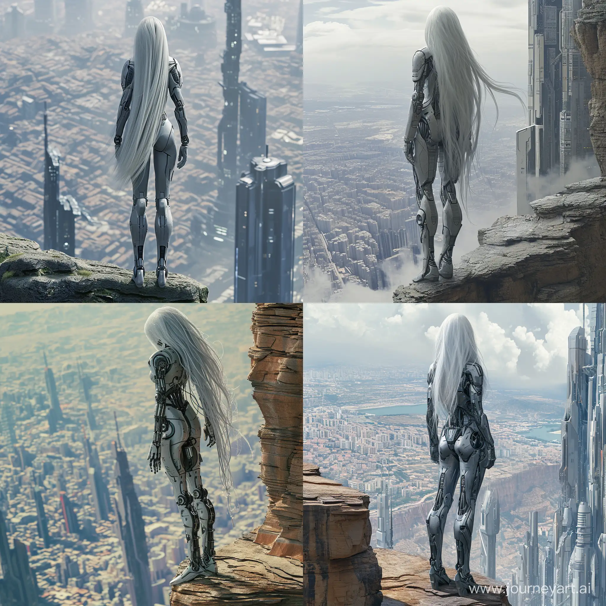 Futuristic-Alien-Cyborg-Overlooking-Cityscape-with-Long-White-Hair