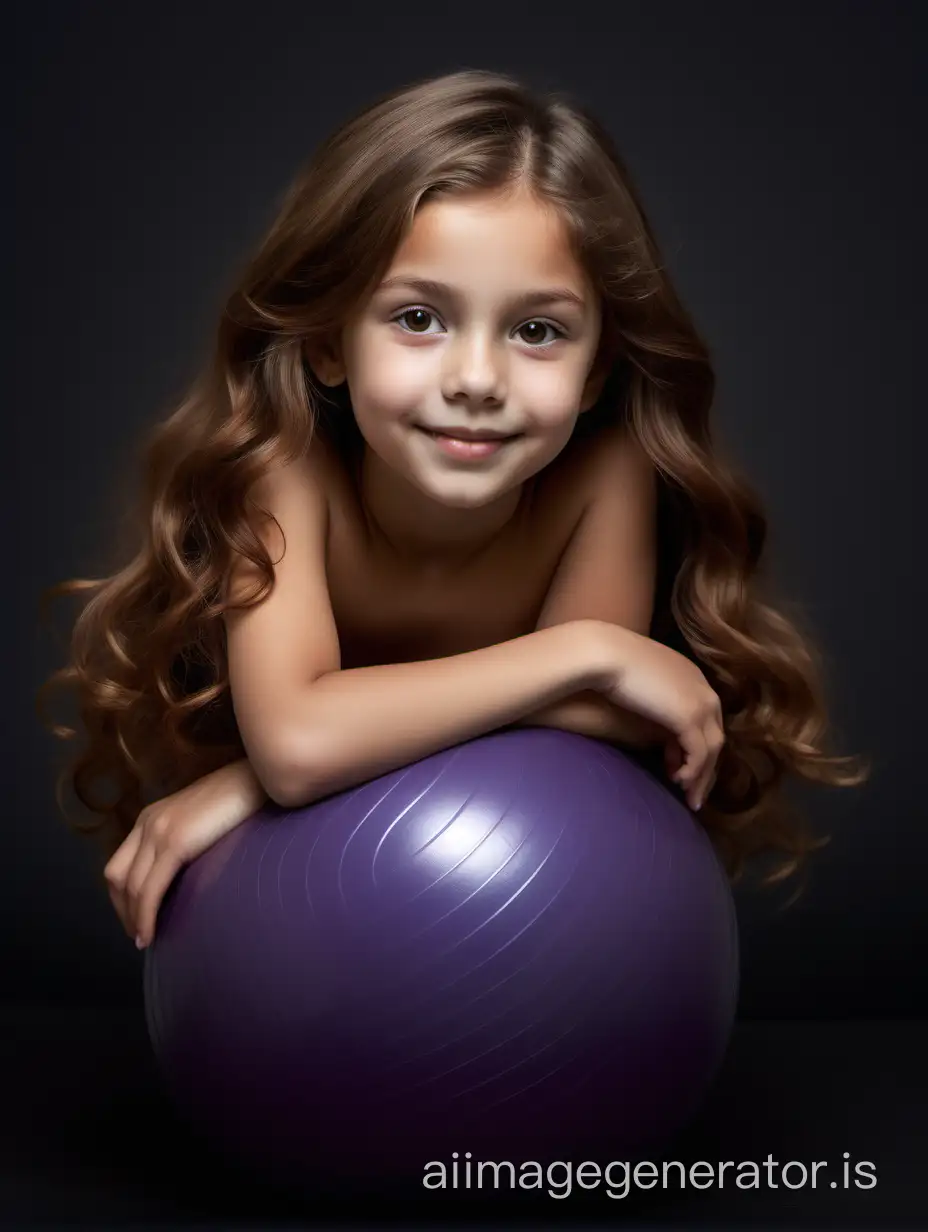 This 10-year-old girl has a slender body with graceful proportions. She has a round head with soft facial features. Her round eyes, hazel in color, radiate joy and curiosity. Her small nose is slightly upturned, giving her a friendly look. She has full, gentle lips that are often adorned with a cheerful smile. This girl's hair is long and thick, dark chestnut in color. It cascades down her back in soft waves, creating an elegant look. Her hair also has a natural shine and softness, 8K UHD, full body in image, She lies relaxed on her stomach on a fitness ball.