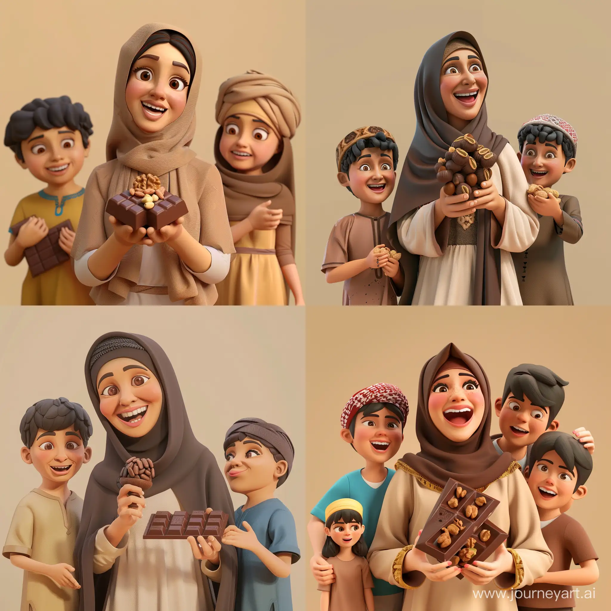 A Yemeni mother is holding chocolate candy with nuts and she is very happy, with two boys and a girl behind her, the background is beige, 3D style.