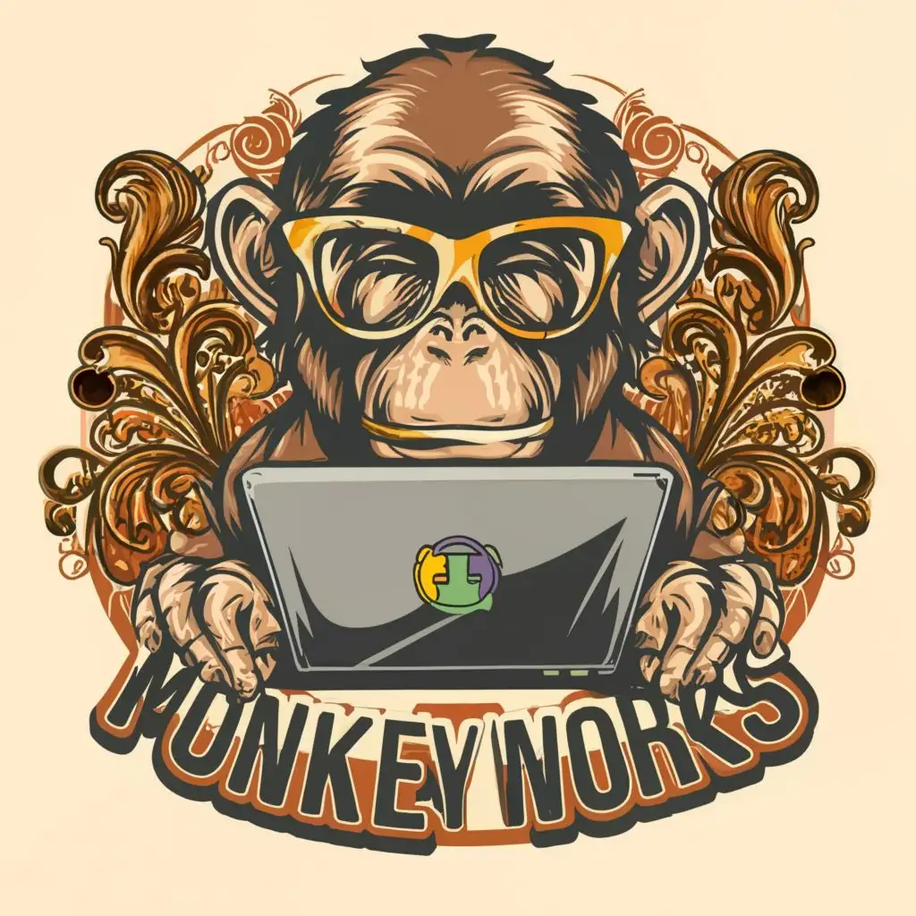 logo, graphic design monkey with reading glasses on and a laptop, with the text "Monkey Works", typography