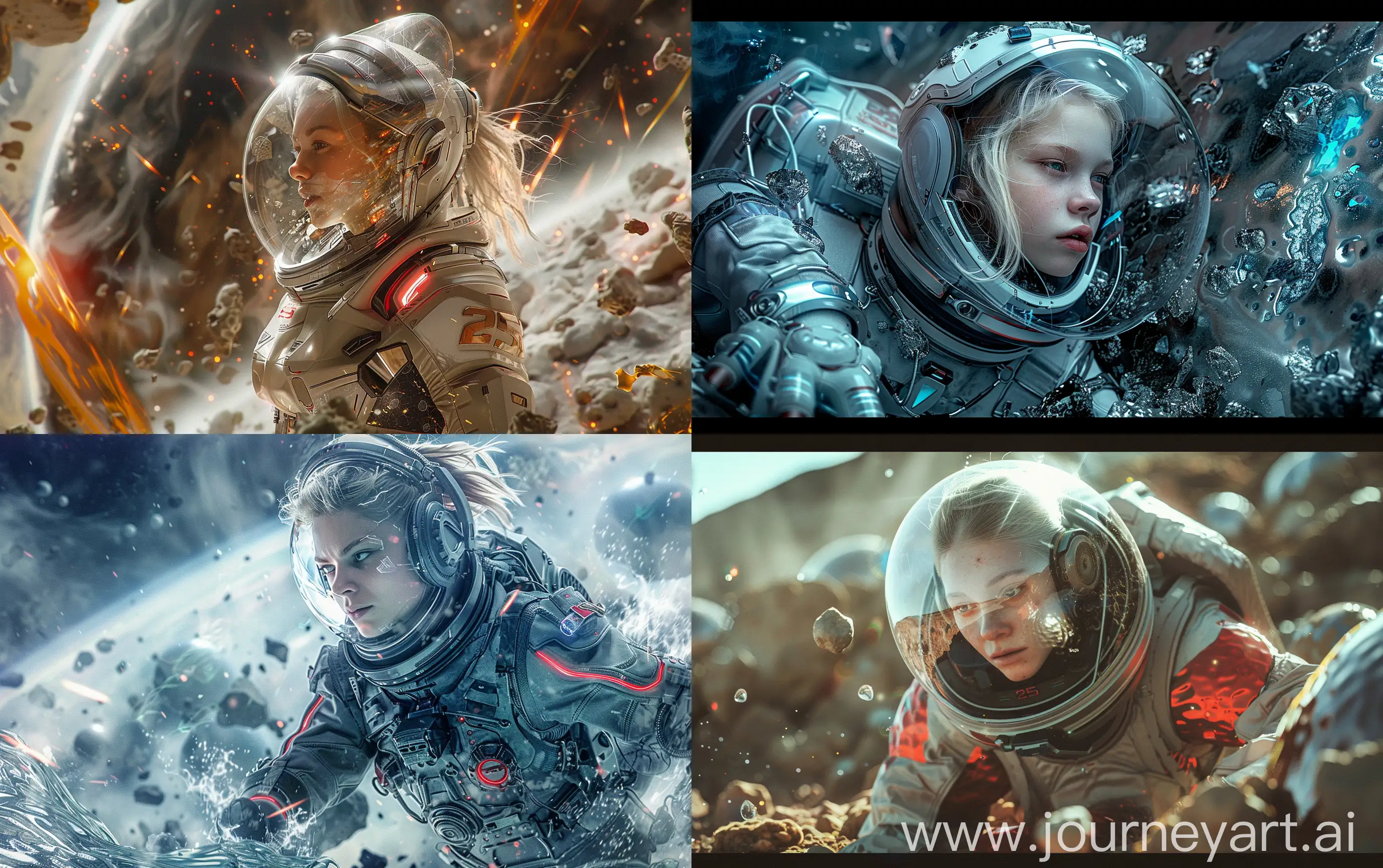 a 25-years-old fair-hair female in futuristic spacesuit exploring an alien liquid metal planet, other organic life forms, different landscape, atmospheric effects, sci-fi, super realistic, cinematic --ar 16:10