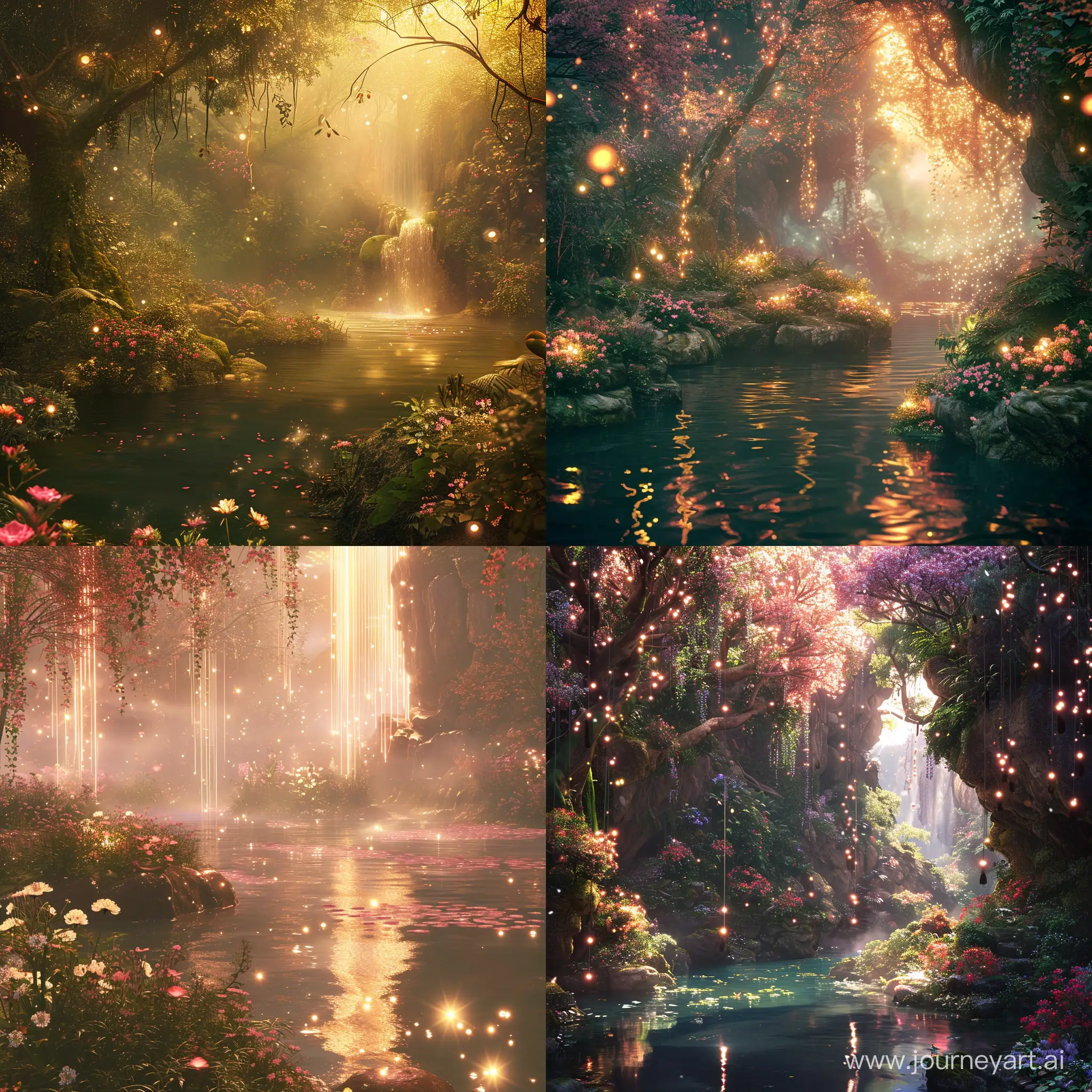 Create an image that captures the essence of an Eastern Eden, a mystical and beautiful paradise, in a realistic quality. The scene is set in a lush natural landscape, with tranquil rivers, blooming flowers, and enchanting light effects. The overall atmosphere is serene and inviting, offering a sense of peace and awe to anyone who beholds it. The image is rich in detail, with vivid colors and textures that highlight the beauty and mystique of this ideal realm. The quality is realistic, emphasizing the harmonious blend of natural elements in this tranquil haven.