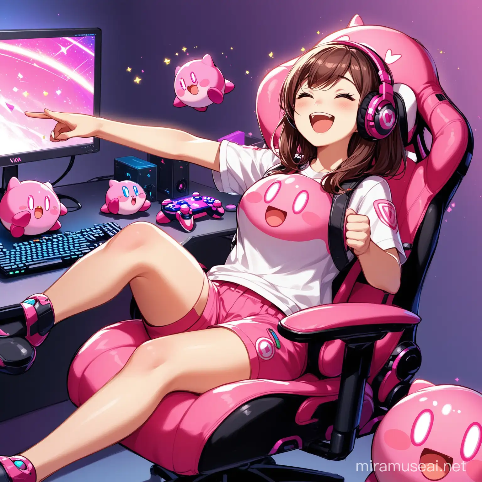Happy Teen Gamer Celebrating Victory with Kirby Plushie