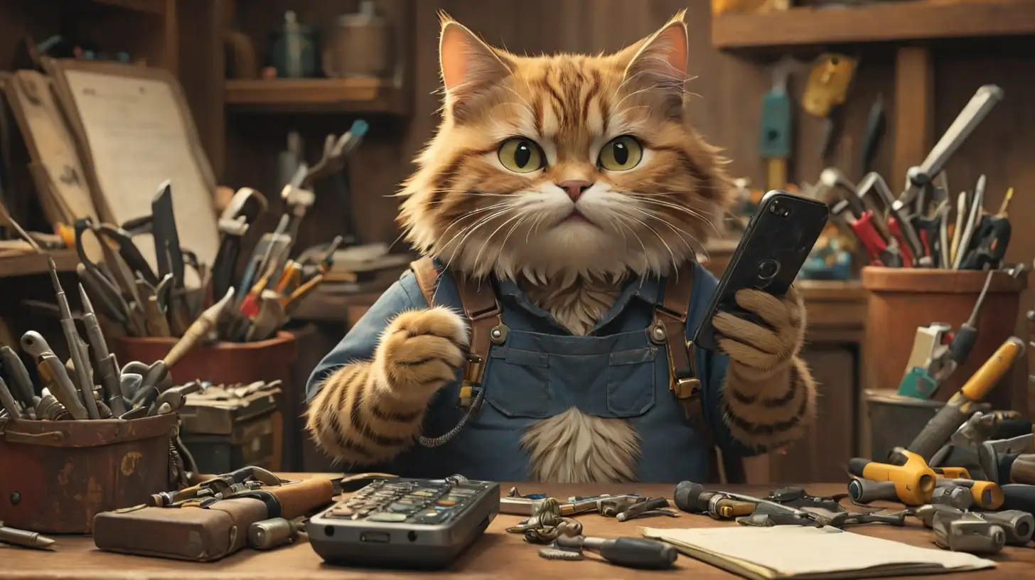 Clever Cat Technician at Work Repairing Phone on a Desk with Tools