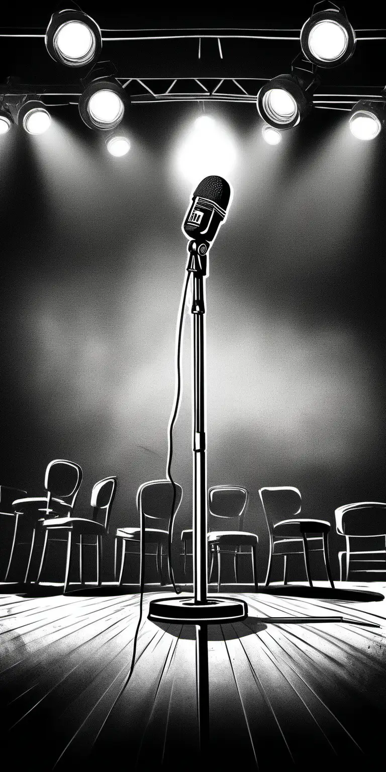 Scene: empty stage in a comedy club, one microphone on the stand. Spot light at full power illuminating the microphone and the surrounding stage floor. In front of the stage night club chairs and tables empty. Behind the chairs and tables, a large bar and no one working. This is a poster for a comedy show so there is a place for show details and a small soot for a logo. The technique is black and white graphic. 