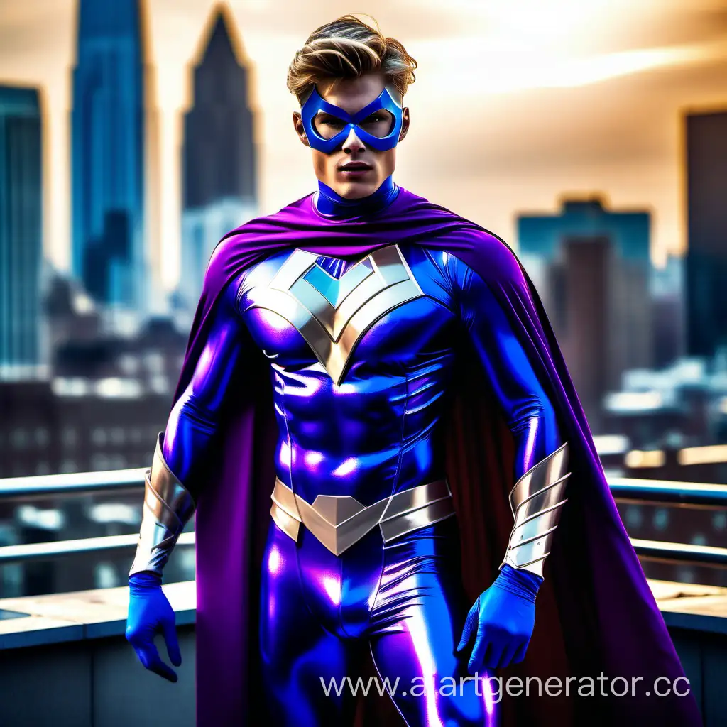 Muscular-Collegiate-Male-Superhero-in-Purple-and-Blue-Skintight-Costume-on-Rooftop