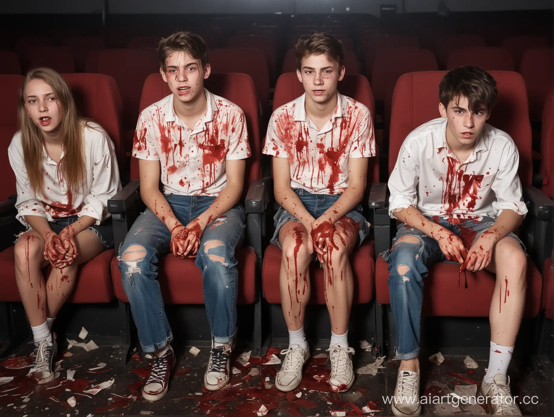 Подростки работают в кинотеатре, запачканы в крови 
