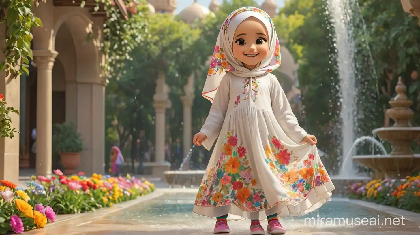 Persian little girl(full height, Muslim, with emphasis no hair out of veil(Hijab), white skin, cute, smiling, wearing socks, clothes full of Persian designs).
Atmosphere full of many rainbow flowers, fountain.