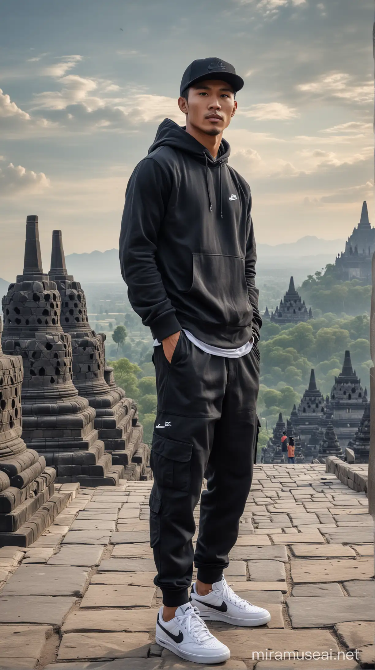 Seorang pria Indonesia tampan memakai jaket Hoodie,topi Nike hitam dan celana cargo panjang hitam, memakai sepatu sneakers, berdiri wajah menghadap kamera di bawah candi borobudur Indonesia resolusi ultraHD 32K, HDR, lensa 800mm, realistis , hiperrealistik, fotografi profesional, gambar sempurna tidak cacat