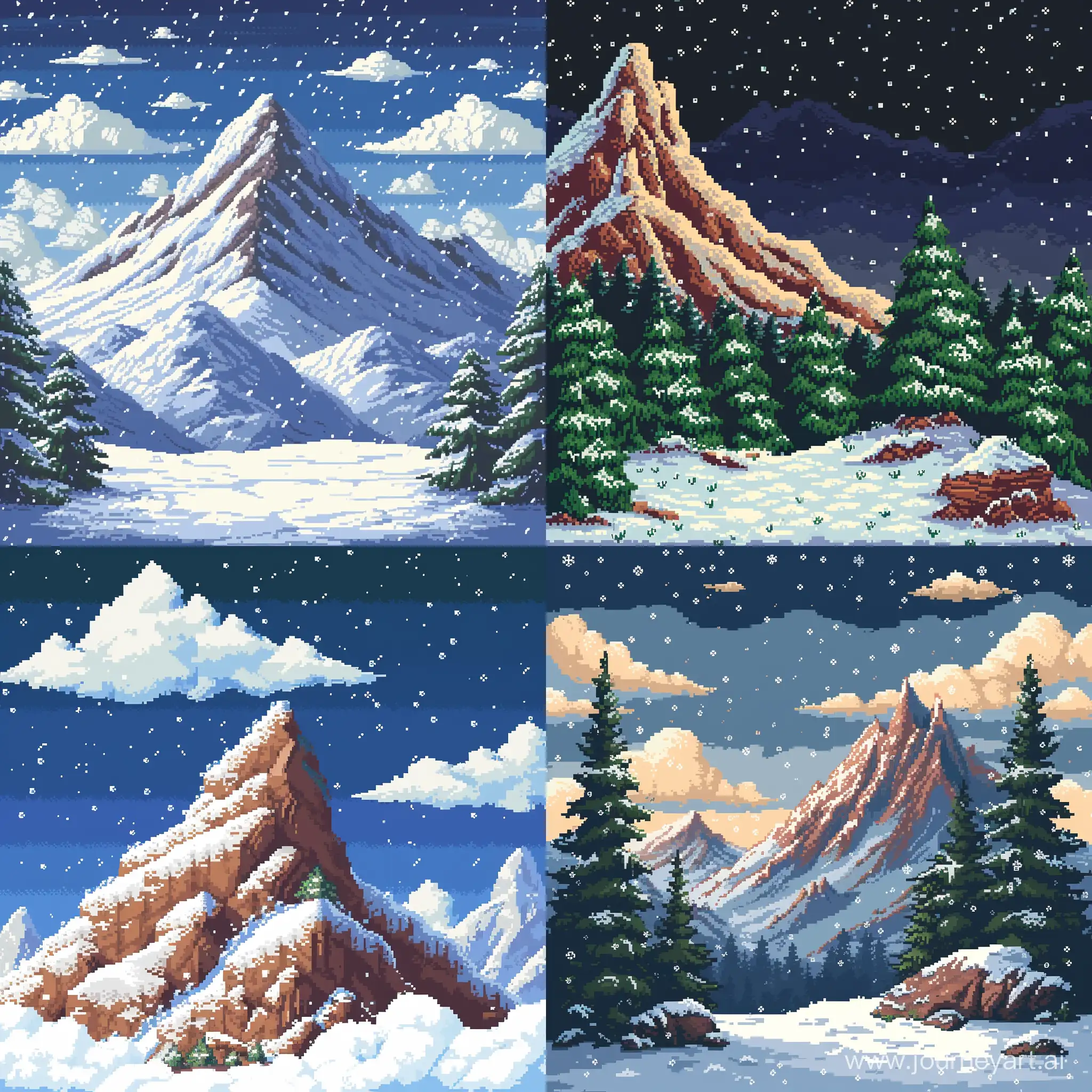 8-bit style, landscape design, include special mountain, sharp colors, snow in the sky