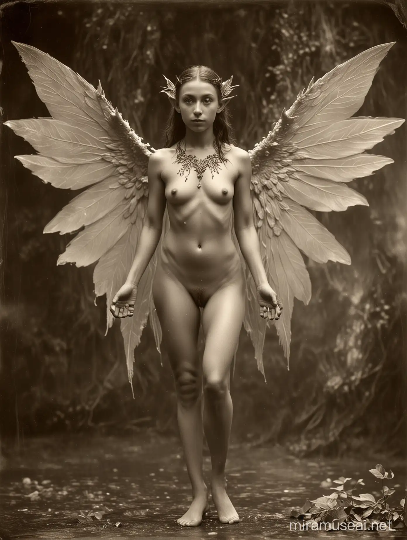 wet plate photo from 1900 by of a attractive young Elf with no clothes, Elves are feminine, very delicate and beautiful nature spirits that originally come from Nordic mythology,  the photo contains a flying female Elf with wings and all anatomical details, Correct anatomy, good proportions, studio light