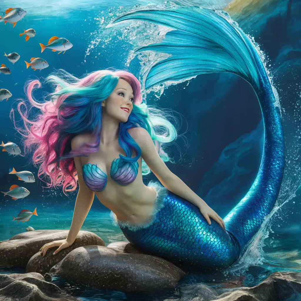 Mermaid with Shimmering Blue Tail Splashing in Multicolored Sea