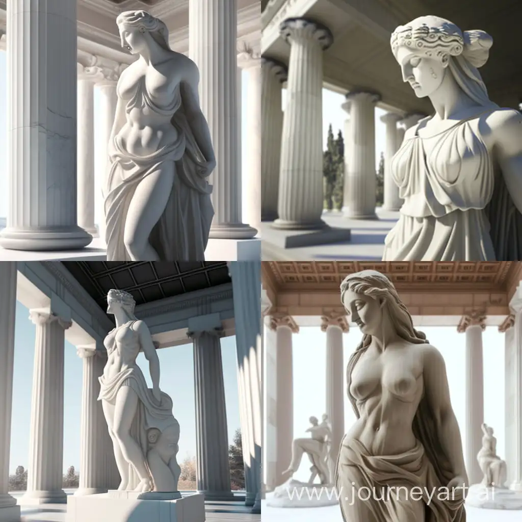An animated statue of an ancient Greek statue of a girl in a white chiton and against the background of a Greek temple.