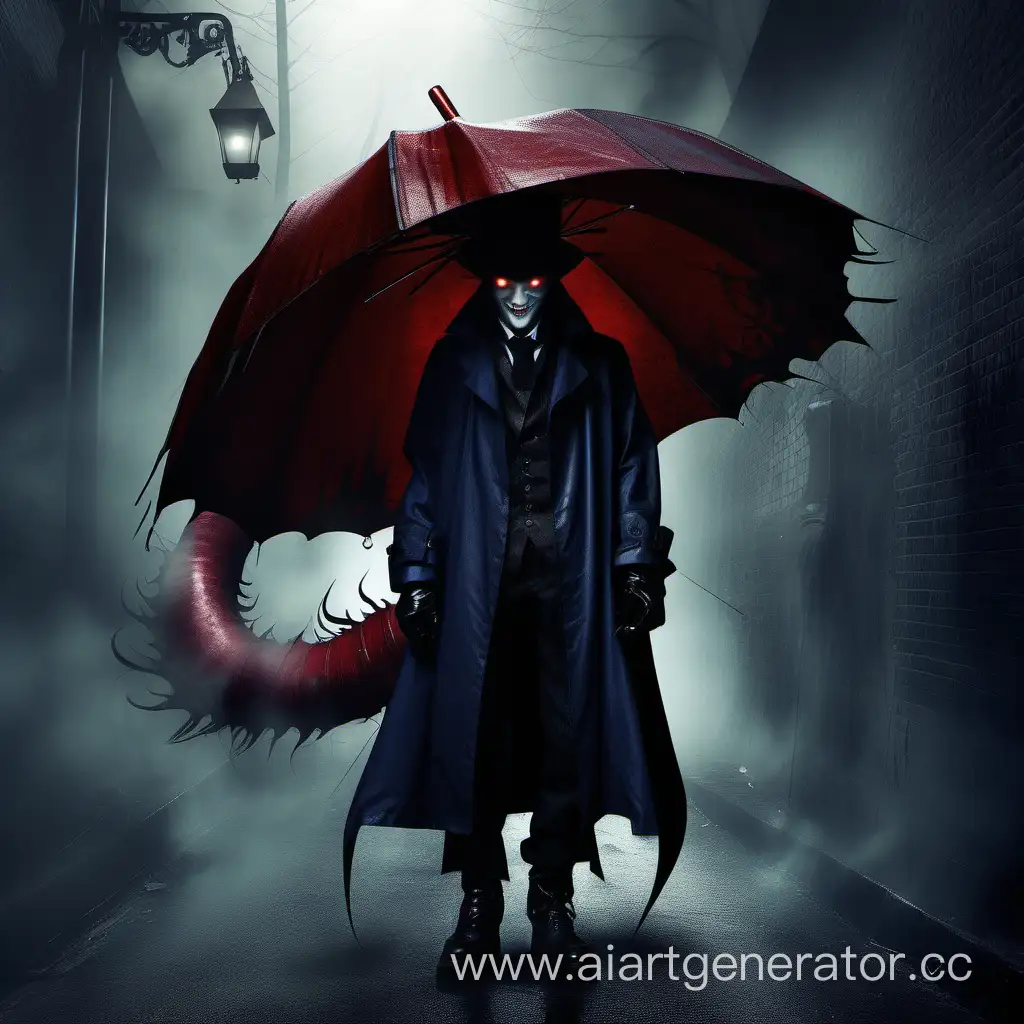 jack the ripper, boy, Cute, shy, boy, guy, dark blue eyes, long ash-colored hair, evil, imp, vintage leather raincoat, depression, A full-length character, demon, despair, demonic halo, anxiety, foggy forces, darkness, Diabolic Darkness Manipulation, Arrogance, oversize, steampunk, Red Bamboo Umbrella, modest smile, long demonic tail
