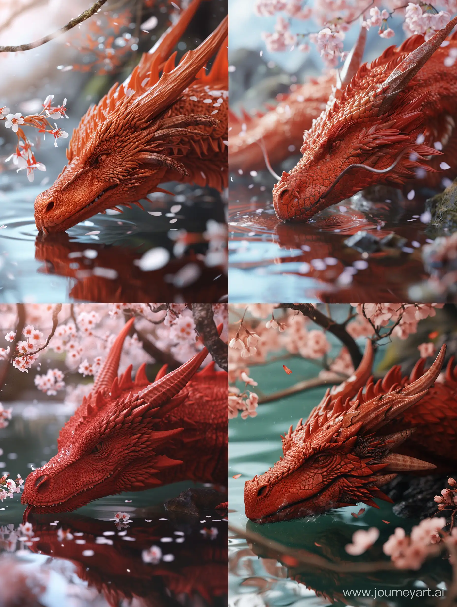 a close up of a dragon in a body of water, cgsociety contest winner, a red dragon, cherry blossoms in the wind, | | epic - fine - clean, shenron, ( ( fantasy plants ) ), sekiro, dribbble, portrait of a red sorcerer, dragon kissing, porcelain, ambient reflective occlusion, by Adrienn Henczné Deák