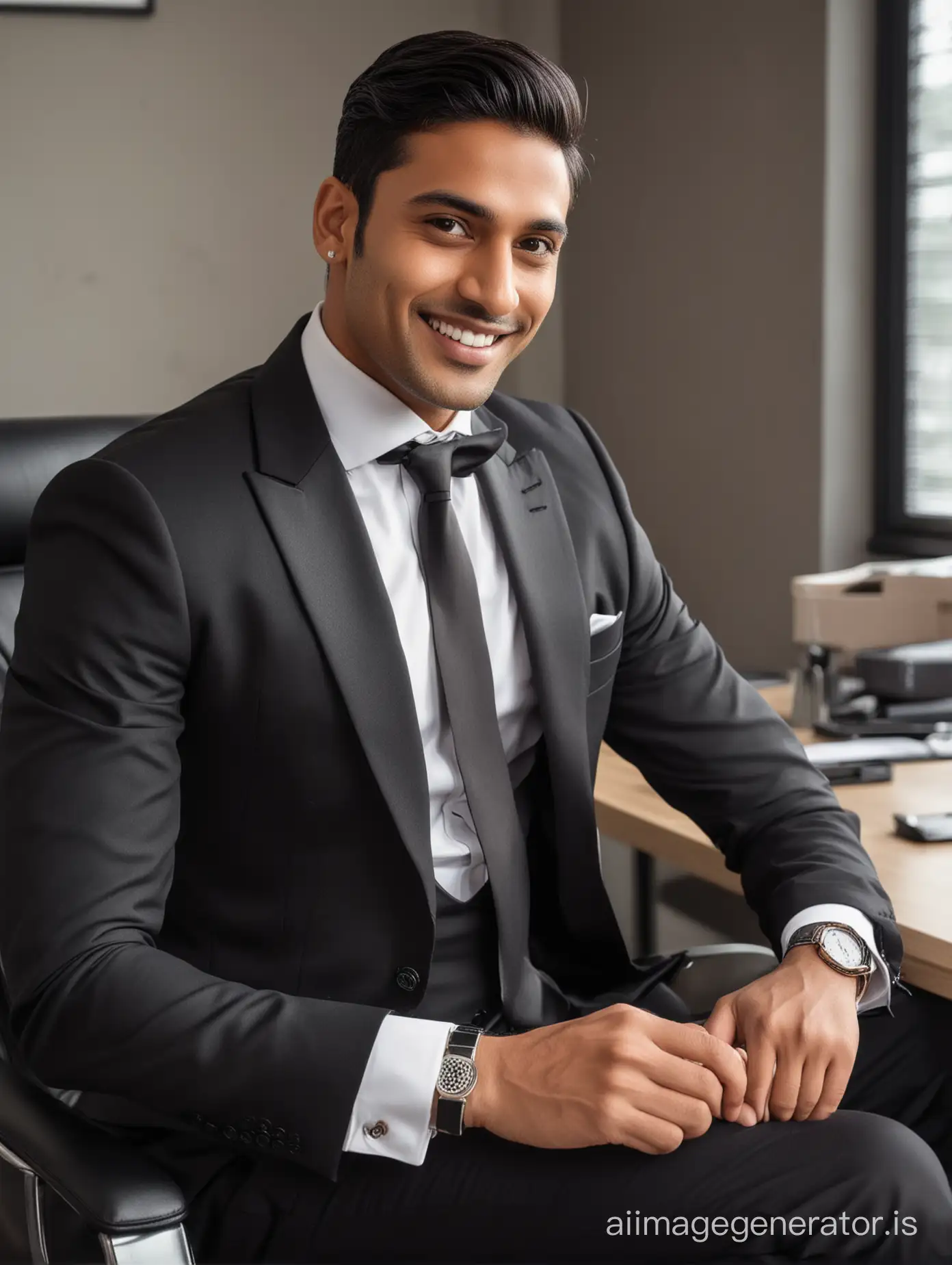 Sophisticated-Indian-Man-in-Black-Tuxedo-Smiling-and-Relaxed
