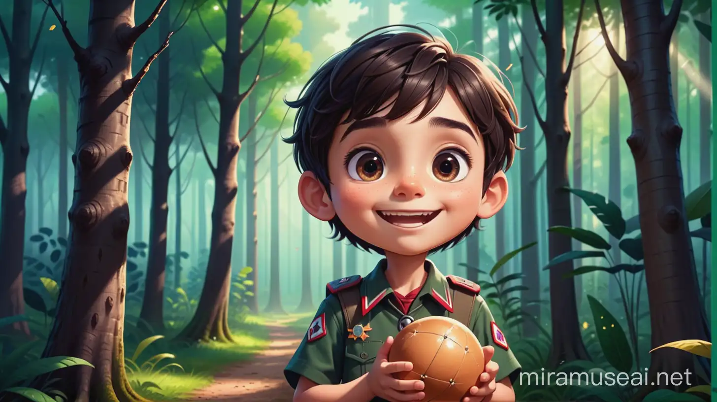 a happy male kid have 11 years old , have a dark brown hair , big dark black eyes, round face , light skin , scout uniform, show the full body of him, make him holding a five magical small balls in forest. cartoon type .
