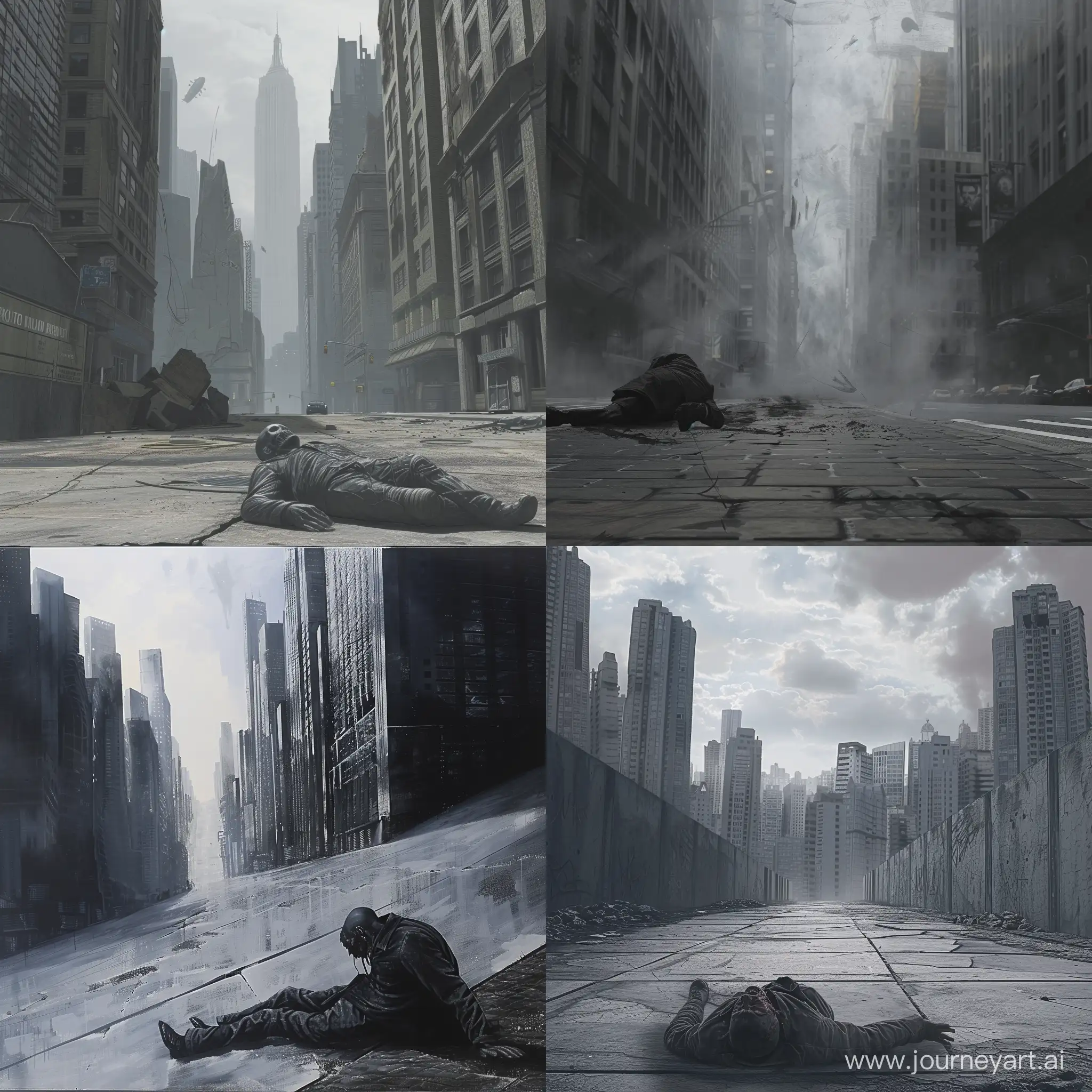 Eerie-Urban-Scene-Detailed-Grey-Cityscape-with-Deceased-Figure